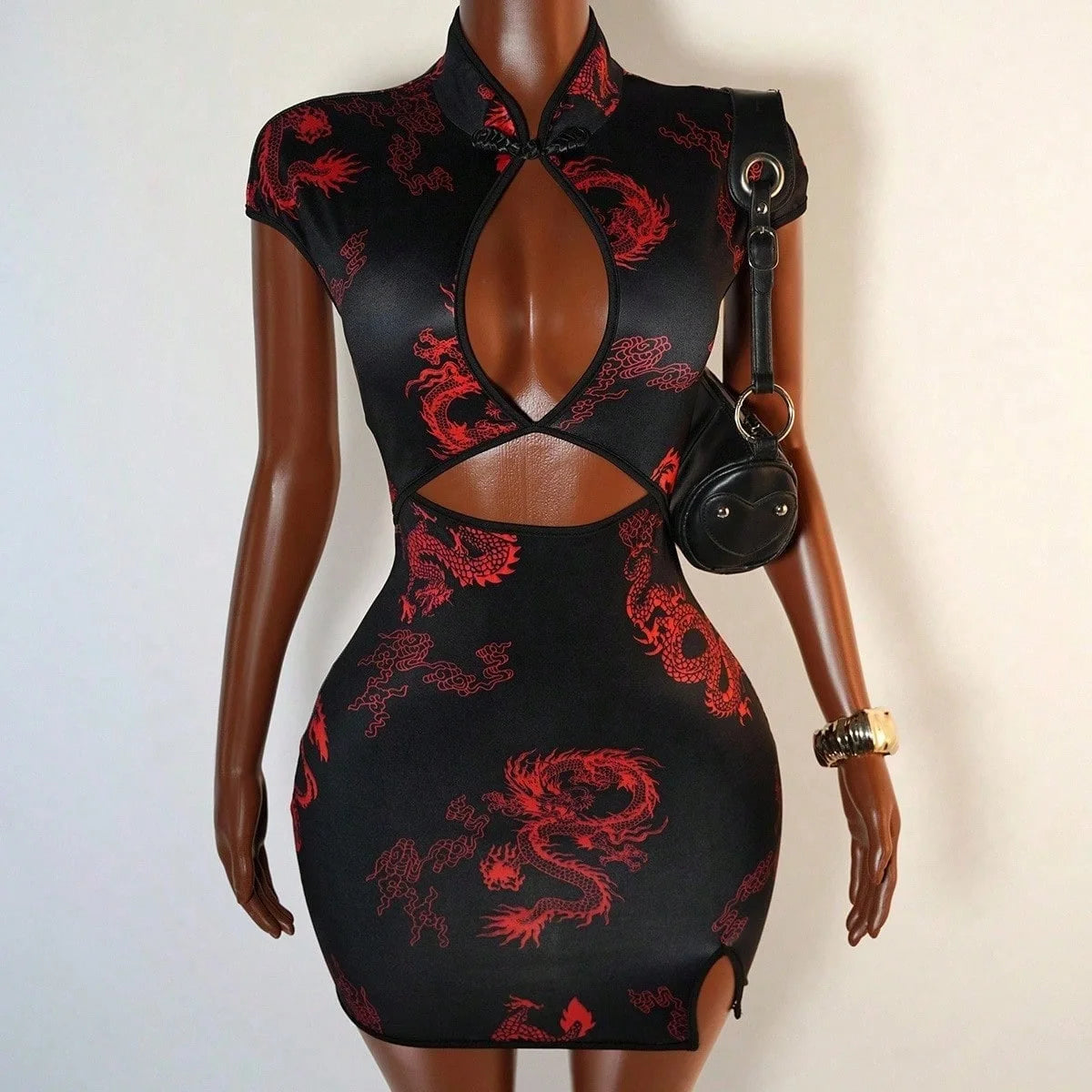 Secret Weapon Mandarin Collar Cutout Print Mini Dress