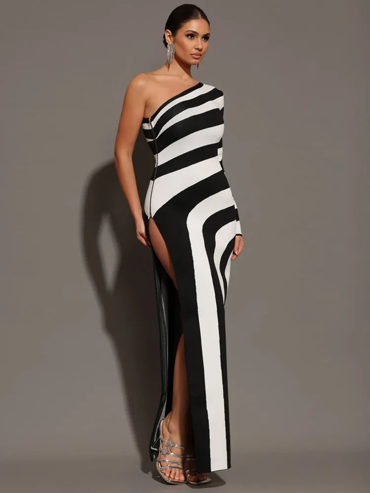 Fine Line Long Sleeve One Shoulder High Split Dress