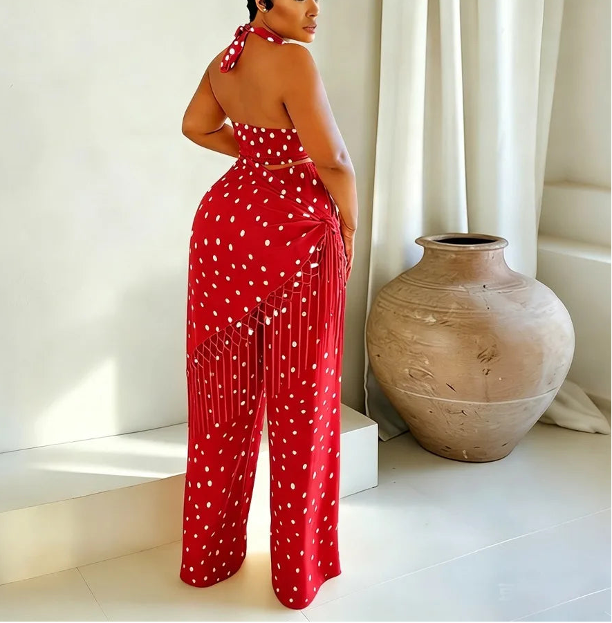 Cape Town Crop Halter Polka Dot Wide Leg Pants Set
