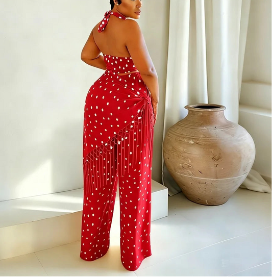 Cape Town Crop Halter Polka Dot Wide Leg Pants Set