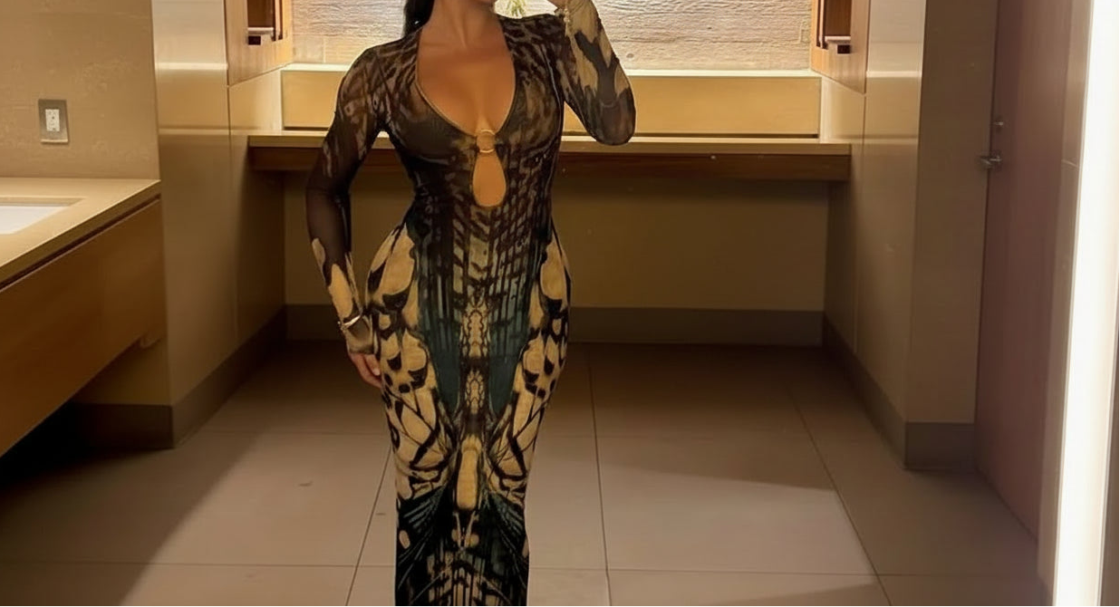Middle of the Ocean Abstract Print Keyhole Mesh Dress