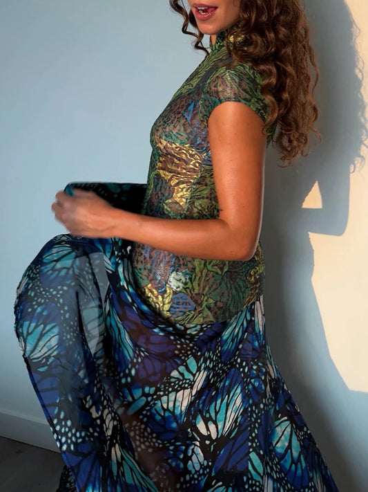 Tuch`e Mandarian Keyhole collar Drop Waist Print Maxi Dress