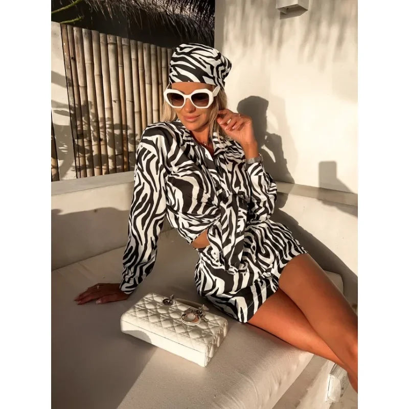 Sundays in St. Tropez Print Button Down Blouse + Shorts and Scarf Set