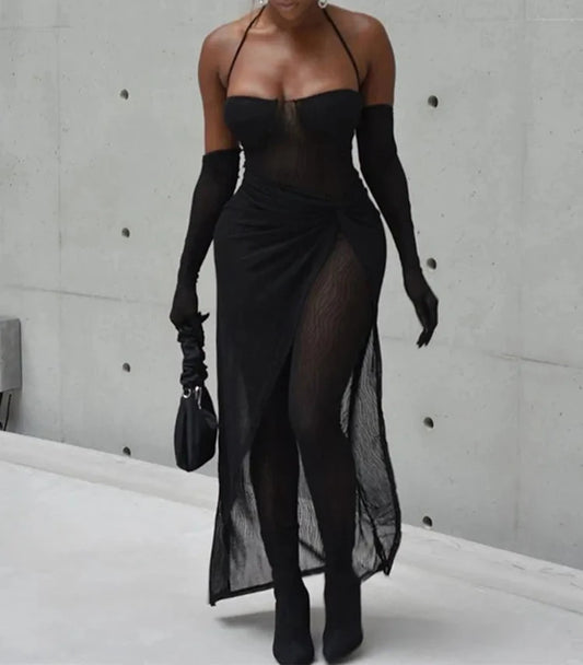 Beautiful Nightmare Two-Piece Mesh Jumpsuit W/ Wrap Skirt + Gloves