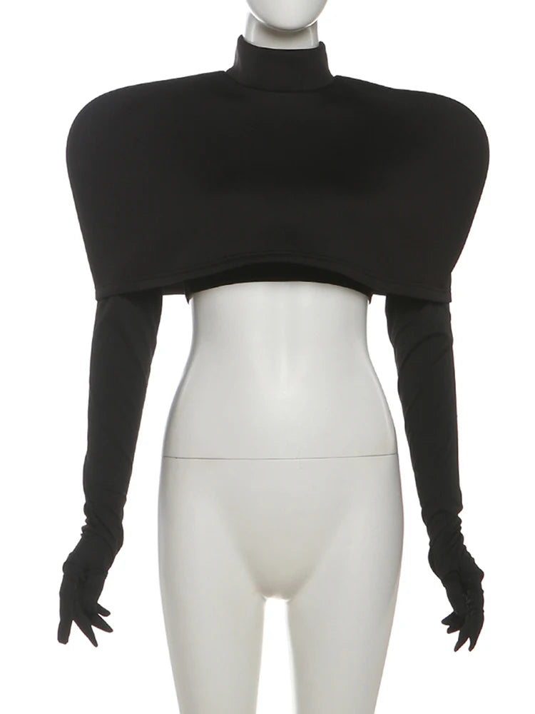 Mystery Woman Shoulder Pad Glove Sleeve Crop Turtleneck
