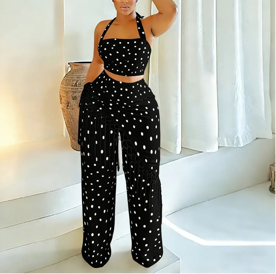Cape Town Crop Halter Polka Dot Wide Leg Pants Set