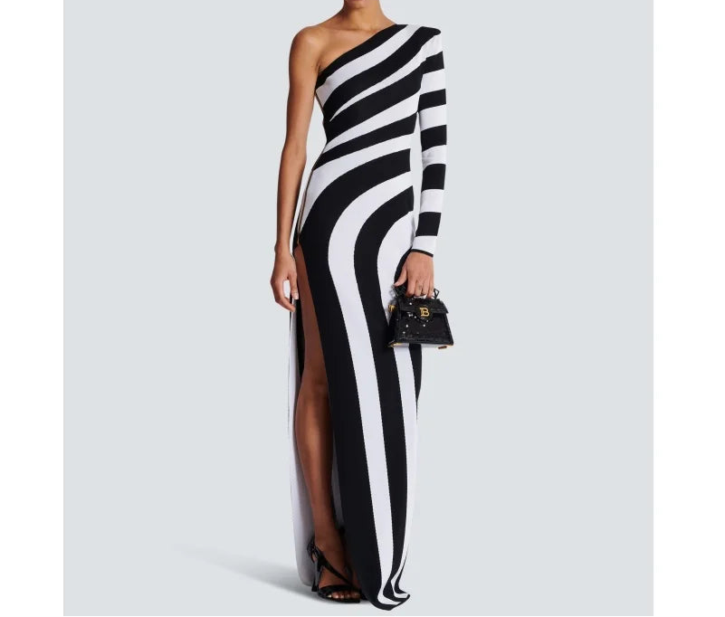 Fine Line Long Sleeve One Shoulder High Split Dress