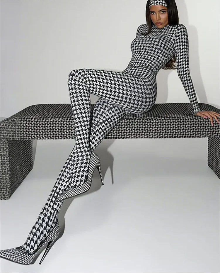 Too Hard To Handle Houndstooth Long Sleeve Footed Jumpsuit