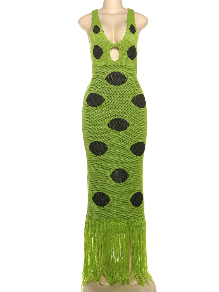 Go With The Flow Knit Polka Dot Fringe Maxi Dress