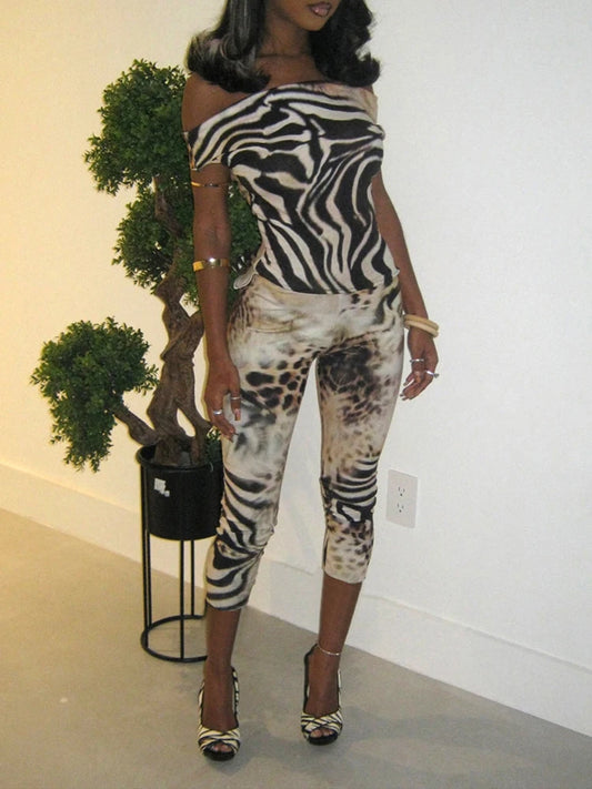 Queen of the Jungle Animal Print Off Shoulder Top Crop Pants Combo