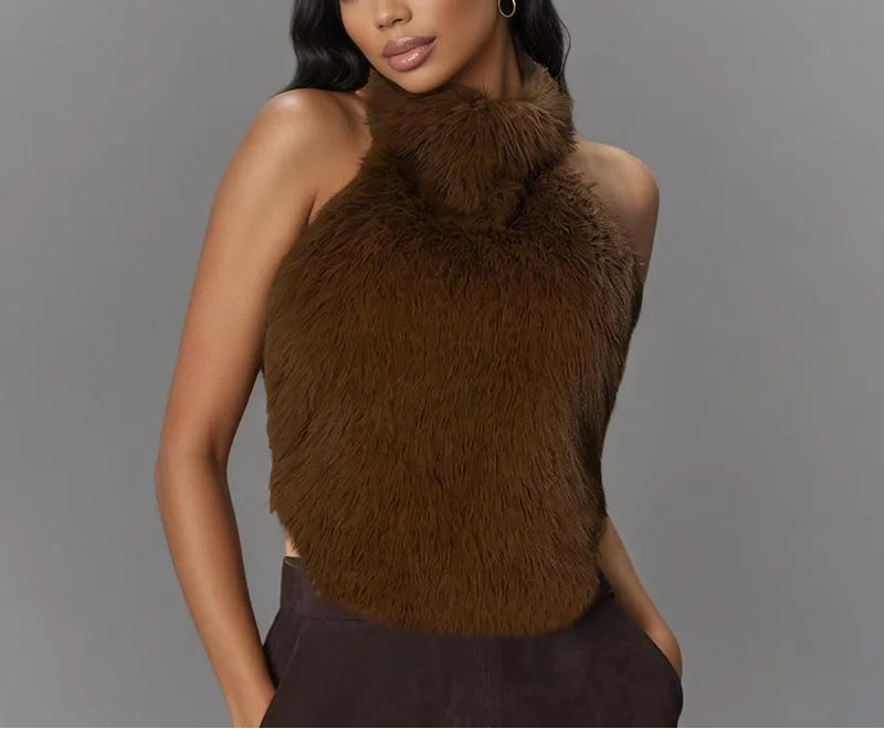 Dust Your Shoulder Off Faux Fur High Neck Halter