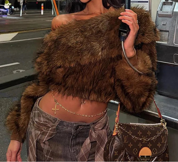 Socialite Faux Fur Off Shoulder Crop Pullover Sweater