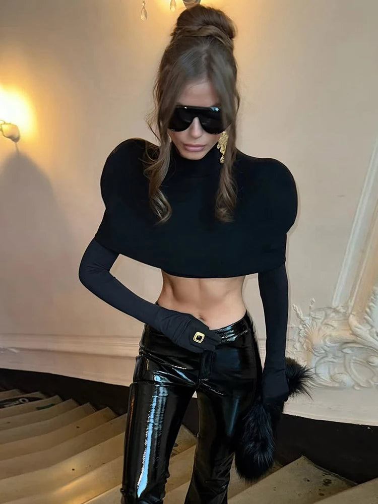 Mystery Woman Shoulder Pad Glove Sleeve Crop Turtleneck