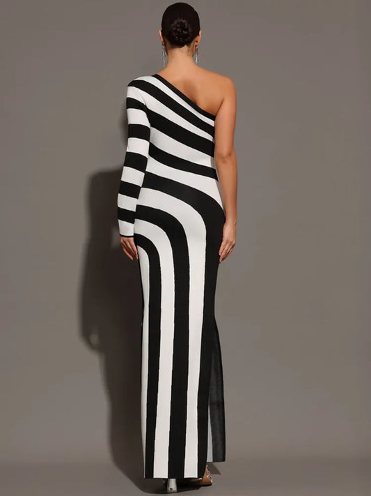 Fine Line Long Sleeve One Shoulder High Split Dress