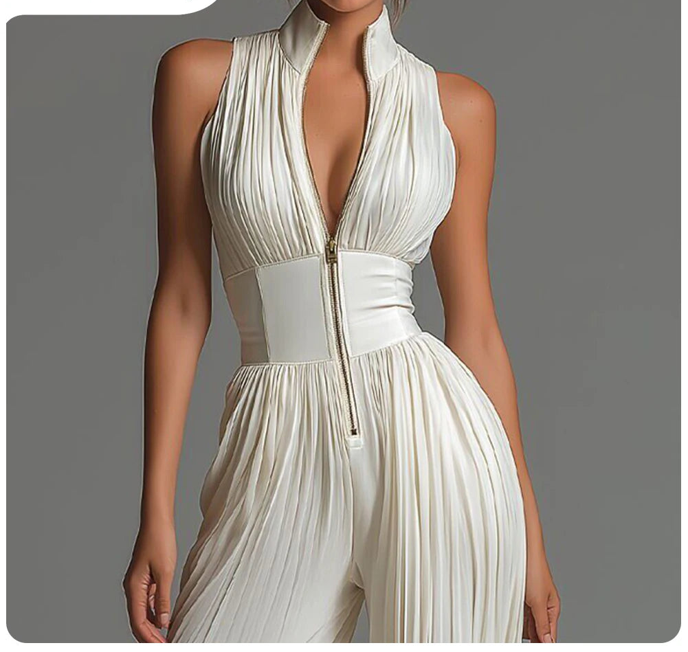 Essence of a Woman Zip Up High Waist Pleated Wide Leg Pants Jumpsuit