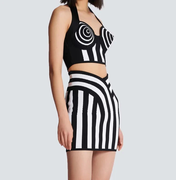 Vogue Striped Cone Bra Bandage Skirt Set