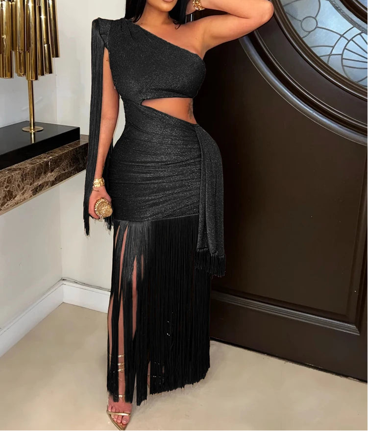 Two to Tango One Shoulder Cut Out Long Fringe Dress