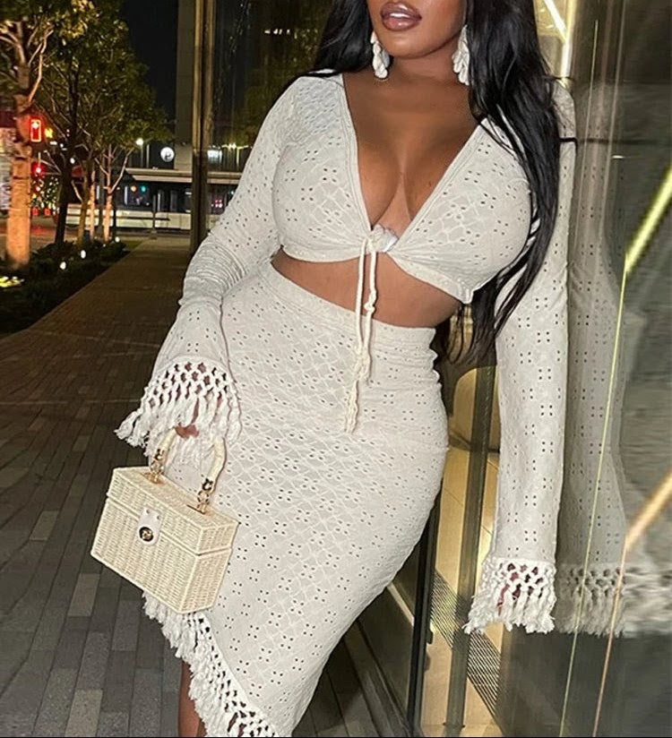 Sugar and Spice Fringe Long Sleeve + High Waist Skirt Combo
