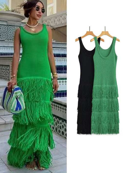 TRAF Elegant 2023 Women Solid Tassel Knitted Dresses Summer Female O-Neck Sleeveless Sheath Strap Dresses Two Colors